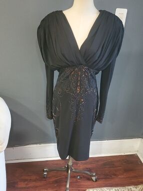 Lillie Rubin Black Long-Sleeve V-Neck Beaded Cocktail Dress